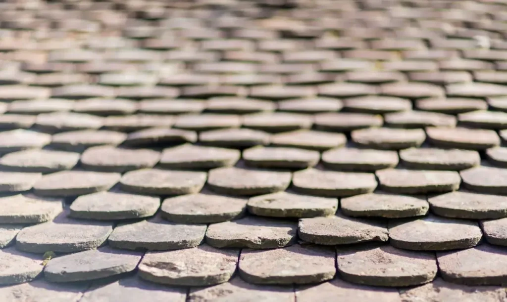 A close-up of shingles on a roof.