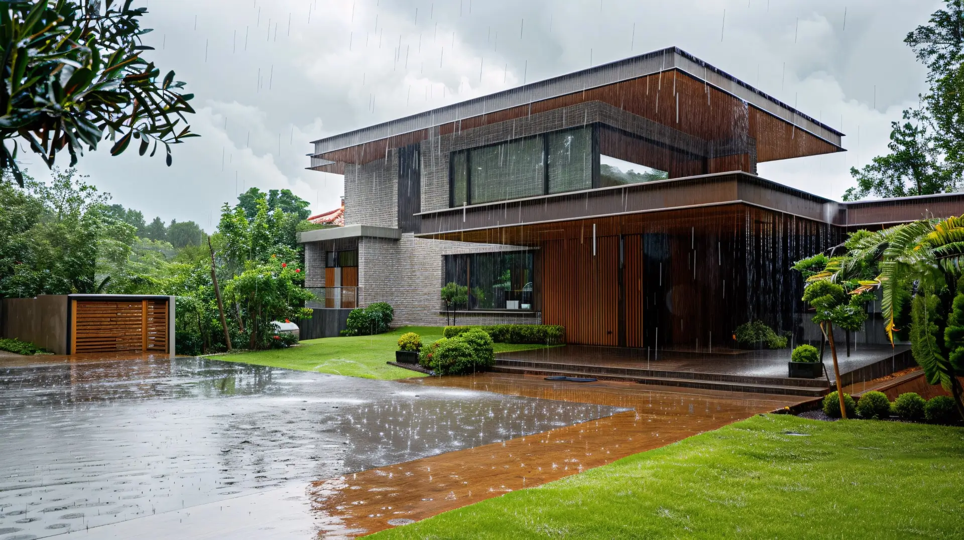 A modern house with a sloped roof in a suburban neighborhood, rain pouring down heavily, water running down the roof into the gutters, and puddles forming on the ground below.