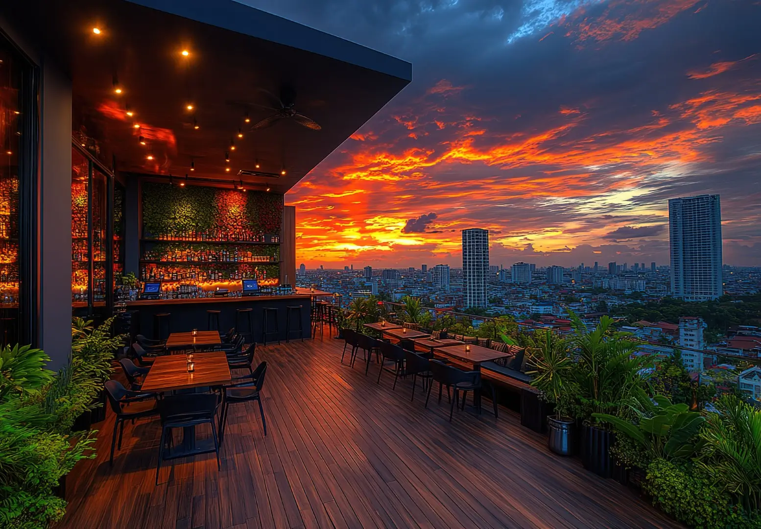 A restaurant with a view of the city and a sunset.