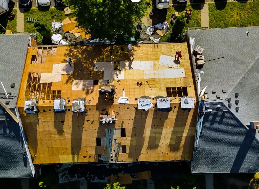 Overhead view of a roof being installed.