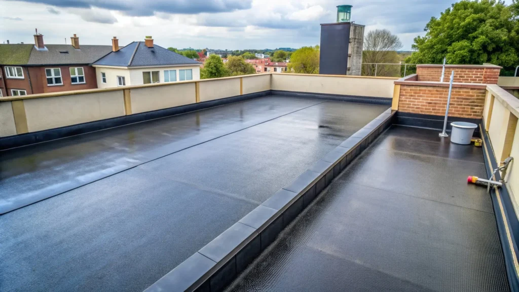 Weatherproofed roof top with a beautiful neighborhood view in the background.