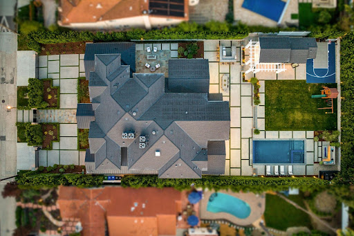 Overhead view of residential roofing.