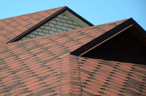 A roof covered with brown bituminous shingles.
