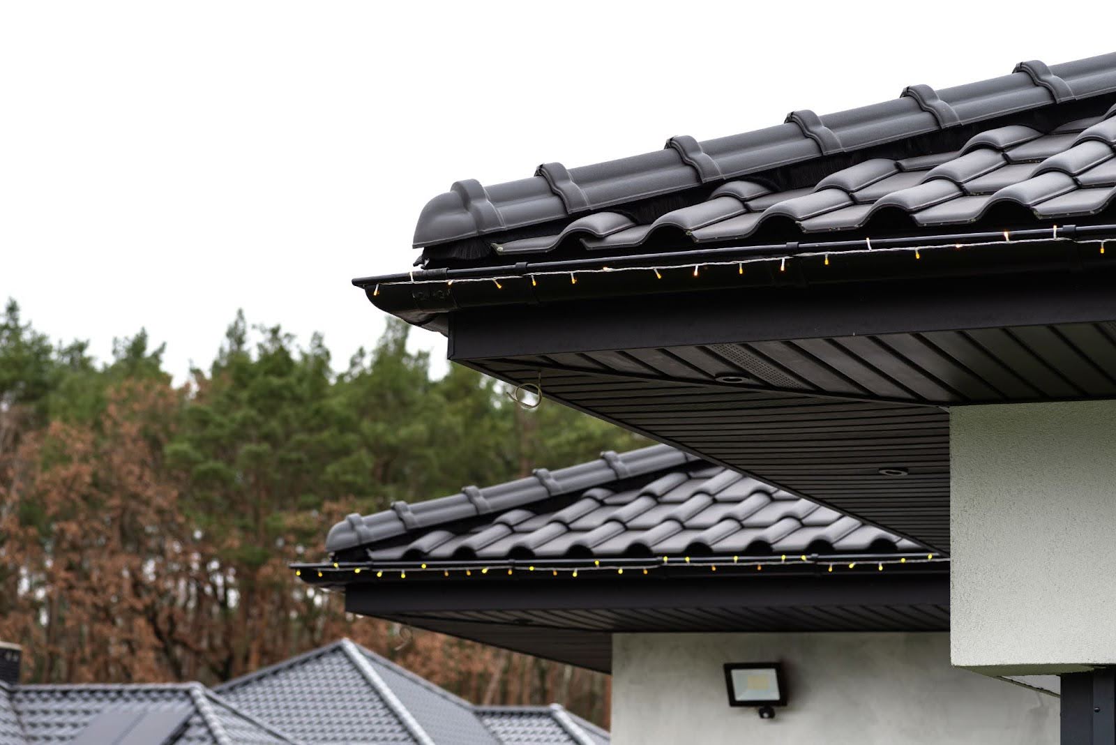 Home rooftops featuring seamless rain gutters.