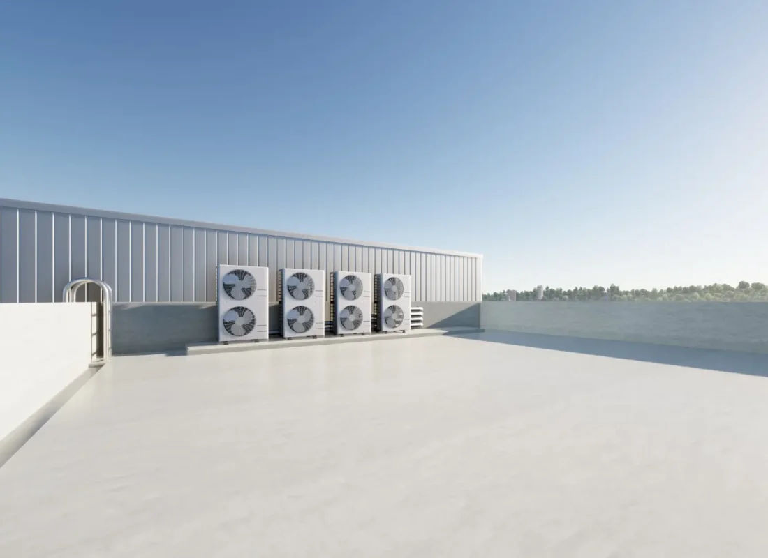 3d rendering of condenser unit or compressor on rooftop of industrial plant.